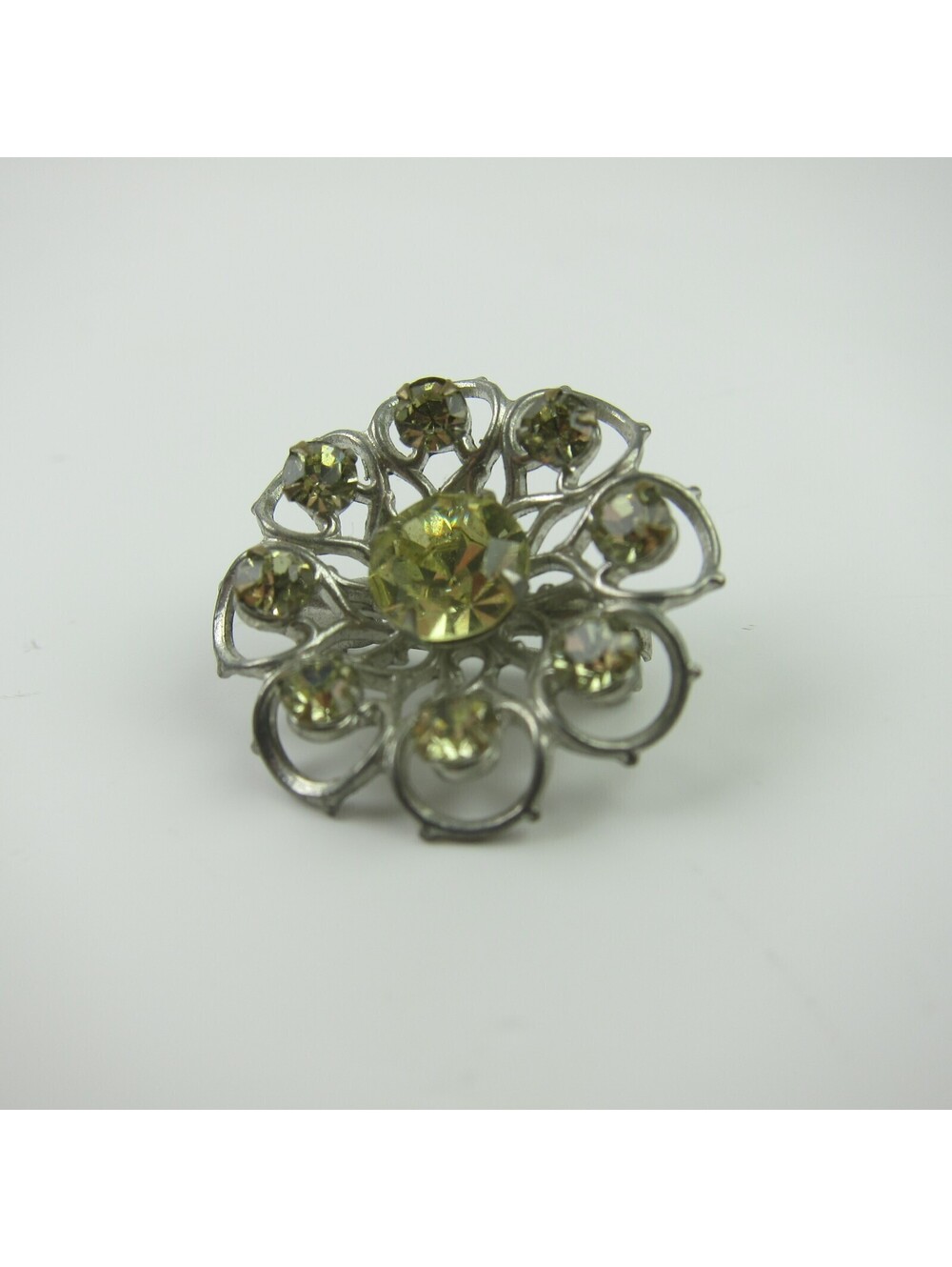 Vintage Flower Brooch Pin Silver Tone Open Loop Petals & Green Rhinestones